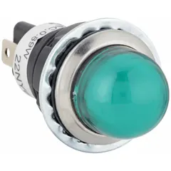 This LED indicator pilot light features a raised head design for high visibility on control panels and machinery. It mounts in an 18 mm panel cutout and connects via a 0.187 in tab terminal. Suitable for signaling power status or operational conditions in industrial automation and machine safety applications.