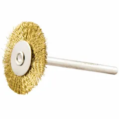 This nonsparking brush features a crimped brass fill of 0.005" for light cleaning of soft materials without sparking. With a 1" diameter, 1/8" width, and 1/8" shank, it is suited for deburring, polishing, and surface preparation on delicate workpieces.