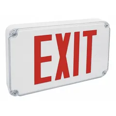 Wet location rated exit sign with two red LED faces. White plastic housing with nickel-cadmium battery backup. Operates on 120/277 V AC. Suitable for ceiling or wall mounting in damp or wet environments such as parking garages, tunnels, or outdoor covered walkways.