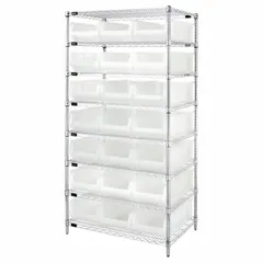 Wire stationary bin shelving unit with a chrome-finished carbon steel frame. Includes 21 clear closed-front shelf bins, each 12 x 22-1/2 x 23-7/8 in. Designed for organized storage of small parts and components in industrial environments.