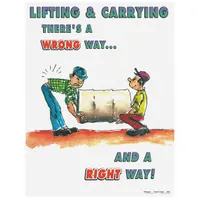 This 22 x 17 inch poster illustrates correct and incorrect lifting and carrying techniques for workplace safety training. Printed in English with a write-on surface for custom notes. No protective coating; frame not included