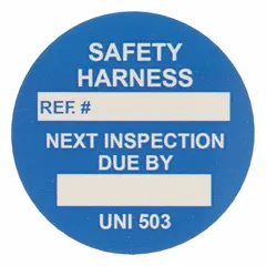 Blue/white circle polyester safety tag for outdoor use. Each pack contains 100 tags with English text. Suitable for equipment identification, pipe marking, or hazard warnings in industrial environments.
