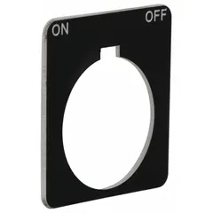 Square non-metallic plastic legend plate with 30 mm panel mounting size, 1 13/16 in overall height and width. Black base with white On-Off legend in English. Used to label push-button stations in industrial control panels for clear switch function indication.