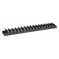 This 16-pole surface mount barrier strip accepts wire sizes from 22 AWG to 12 AWG and is rated for a maximum current of 20 A. It is designed for organizing and securing wire connections in control panels, junction boxes, and electrical equipment. No cover is included.