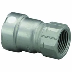 This carbon steel press fitting connects 1-inch pipe to female NPT threaded components. It is used in commercial and industrial plumbing, HVAC, and fire protection systems for creating leak-free joints.