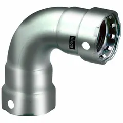 This VIEGA MEGAPRESS press elbow fitting is made of stainless steel and features a press-fit x press-fit configuration with an FKM seal. It is designed for joining stainless steel pipes in commercial and industrial plumbing, HVAC, and fire protection systems, enabling fast, reliable connections without welding or threading.