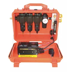 Battery-operated portable filtration panel for supplied-air respirator systems. Features a 1/2 in Industrial Interchange Inlet, maximum pressure of 125 psi, and includes two automatic drains with discharge tubes. Suitable for filtering compressed air in mobile industrial applications.