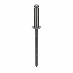 Inch-series dome-head blind rivet with 0.122" diameter, 1/2" body length, and 1 19/32" overall length. Designed for single-sided installation in metal, plastic, or composite assemblies. Supplied in a 500-piece pack.