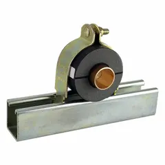 Zinc-plated steel clamp designed to secure 1/2 in pipe or 4/5 in copper tube to strut channels. Polyurethane cushion provides vibration isolation and prevents galvanic corrosion. Suitable for general-purpose temperature applications in piping support systems.
