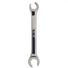 This metric double-end flare nut wrench features 6-point standard heads in 19 mm and 21 mm sizes. Constructed from carbon alloy steel with a chrome finish, it is designed for tightening or loosening flare nuts on brake lines, fuel lines, and hydraulic fittings.