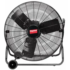 This mobile floor fan is designed for general air circulation in industrial environments such as workshops, warehouses, and factories. It features a steel construction, direct-drive operation, and a 1/4 hp motor powered by 115V AC. The mobile base allows for easy repositioning to direct airflow where needed.