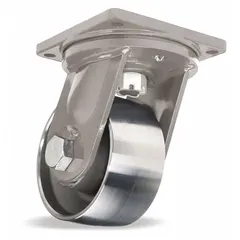 This extreme-duty swivel plate caster from HAMILTON features a face brake and steel construction. It has an 8-inch wheel diameter, 4-inch wheel width, and 11-inch mounting height, with a silver wheel and roller bearing. Suitable for heavy industrial material handling applications such as carts, platform trucks, and tow-line systems.