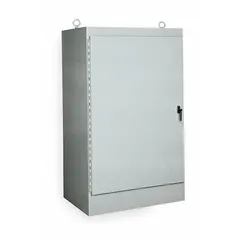 This WIEGMANN steel dust-tight enclosure measures 72 x 36 x 18 inches and is rated NEMA 12 for protection against dust, dirt, and non-corrosive liquids. It features a solid hinged cover with a padlock hasp closure. No knockouts are provided. Suitable for housing electrical controls and instruments in industrial environments.
