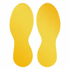 Solid yellow footprint-shaped floor marking tape with no legend, measuring 3 35/64 in x 9 7/16 in. Backed with PVC-P and acrylic glue adhesive. Supplied in a 5-pack. Used to designate pedestrian walkways, safety zones, or standing areas in industrial facilities.