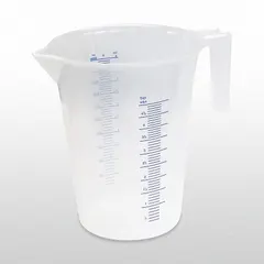 Translucent clear oil measuring container with a lip spout and graduation marks for volume indication. Overall height 10 3/4 in, 5 L capacity. Used for dispensing and measuring oils and other fluids in industrial maintenance, automotive, and machinery lubrication tasks.