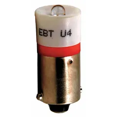 Miniature bayonet base lamp with BA9s single-contact base and T3-1/4 tubular bulb. Operates at 6V and 0.06W, emitting red light. Used for indicator lights, panel illumination, and signal applications in control cabinets and instrumentation.