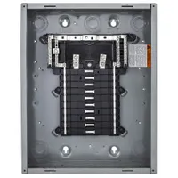 Indoor main lug load center rated 125A, 120/240V AC, 1-phase, with a 65kA short-circuit current rating. Provides 20 spaces and accepts up to 4 tandem breakers. Convertible design with plug-on neutral; enclosure cover ordered separately