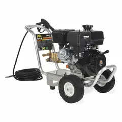 Gas-powered cold water pressure washer mounted on a cart. Delivers 4200 psi at 3.4 gpm. Rated for 20 hours of usable operation per week. Suitable for cleaning equipment, vehicles, and surfaces in industrial and commercial settings.