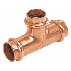 This NIBCO press-fit tee fitting is made of copper or bronze and features three Press-fit connections. It is sized 4 in CTS x 3 in CTS x 3 in CTS, suitable for branching or combining tubing in plumbing and piping systems.