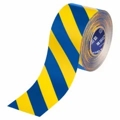 This extra-durable floor marking tape features a blue/yellow striped pattern for visual warnings and boundary marking. The 22 mil thick polyester backing provides resistance in high-traffic areas. Suitable for creating caution zones, traffic lanes, and hazard identification in industrial environments.