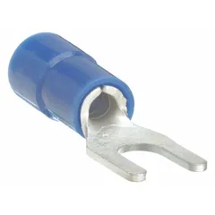 Blue vinyl-insulated fork terminal for #6 stud size, accepting 16 AWG to 14 AWG wire. Rated 600 V with funnel-entry barrel for easier wire insertion. Standard fork shape allows quick connection and disconnection on screw terminals without full screw removal, suitable for control panels and junction boxes.