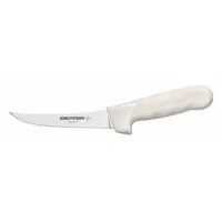 This boning knife features a curved steel blade and a white sanitary polypropylene handle. With an overall length of 11 inches, it is designed for trimming, deboning, and separating meat from bone. NSF certified for use in commercial food preparation environments