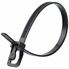 Black UV-stabilized push-release cable tie, 14 inches long, for outdoor use. Accommodates bundles up to 87 mm diameter. Sold in a pack of 100. Suitable for securing cables, wires, or hoses in outdoor environments.