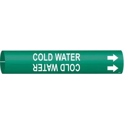 BRADY Pipe Marker: Cold Water, Green, White, Fits 1 1/2 to 2 3/8 in Pipe O.D. - Cold Water Snap-On Pipe Markers