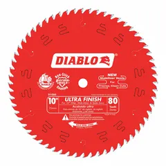 This 10-inch circular saw blade is designed for finishing cuts in wood. With 80 teeth and a 0.1-inch kerf, it produces smooth, clean edges suitable for trim work, cabinetry, and fine woodworking. The 5/8-inch arbor fits most standard saws.