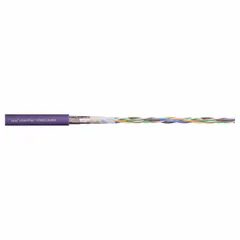 Shielded continuous-flexing bus drop cable with one pair of 20 AWG conductors. Suitable for use in cable carriers and moving machinery where reliable data transmission is required. Minimum bend radius factor of 4 x OD for fixed installation and 6 x OD for flexible use.