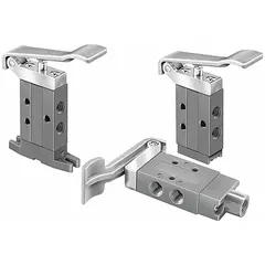 Three-way, two-position lever-actuated spool valve with spring return and normally closed operation. Aluminum body with 1/8 in Female NPT ports. Used to direct or block compressed air flow in pneumatic systems, such as controlling single-acting cylinders or pilot signals.