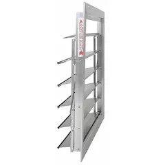This universal-mount backdraft damper is designed for horizontal airflow and vertical mounting. It features a single panel with flat blades and measures 26 3/4 inches high by 26 3/4 inches wide. Suitable for use in ventilation systems to prevent reverse airflow, it handles a maximum air velocity of 2250 fpm.