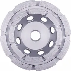 Double-row diamond segment cup grinding wheel with 4-inch diameter and 5/8-inch-11 threaded arbor. Features 16 segments in the X100 series for surface grinding on concrete, stone, and masonry. Suitable for heavy-duty material removal and finishing applications.