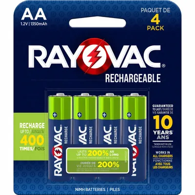 RAYOVAC Rechargeable Battery: AA Battery Size, Nickel-Metal Hydride, 1.2V DC