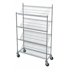 This utility cart features four slanted chrome wire shelves with raised lips to help contain items during transport. It has a 600 lb load capacity and includes two swivel casters with brakes for maneuverability. Overall dimensions are 48 inches long by 18 inches wide by 78 inches high. Suitable for moving and organizing supplies in commercial and industrial settings.