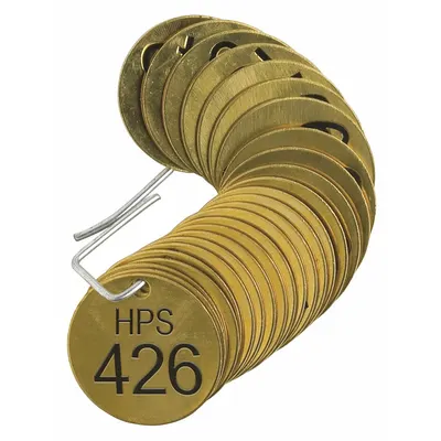 BRADY Numbered Tags: Brass, 1 1/2 in Dia, HPS (High Pressure Steam), 451-475 - Steam Numbered Valve Tags