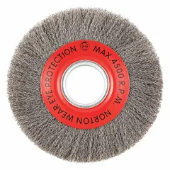 This light-cleaning brush is designed for carbon steel surfaces, featuring a crimped steel fill of 0.014 in. It is used for removing rust, scale, and light burrs without aggressive cutting, suitable for surface preparation and finishing in metal fabrication and maintenance tasks. The brush has an 8 in diameter, 1 in width, and a 2 in arbor.