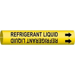 Yellow snap-on pipe marker with black legend 'Refrigerant Liquid' and directional arrows. Fits pipe outer diameters from 1-1/2 to 2-3/8 inches. Used to identify refrigerant liquid lines in piping systems for clear visual indication of contents.