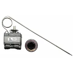 Gas thermostat for LP fuel, with a dial range of 150°F to 550°F. Features a 48-inch capillary, 1/4-inch bulb diameter, and 1/2-inch pipe gas connection. Used in commercial cooking equipment for temperature control.