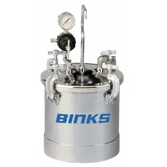 Steel paint pressure tank with 10 L capacity, designed for a maximum operating pressure of 80 psi. Includes one regulator and a polyethylene liner. No agitator. Used for supplying paint or coatings to spray guns in industrial finishing operations.
