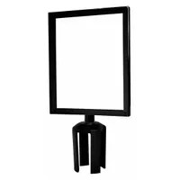 Black metal alloy sign frame designed for mounting on top of a Tensabarrier Retractable Stanchion Post. Includes two acrylic sheets for inserting printed signage. Overall width is 8 1/2 inches. Used for displaying signs in queue management, crowd control, and wayfinding applications