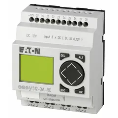 The Eaton Easy E4 smart relay (EASY-E4-UC-12RC1) provides programmable logic control with 8 digital inputs and 4 relay outputs. It operates on dual supply voltage: 24/240V AC and 12/24V DC, and includes a real-time clock for time-based scheduling. Typical applications include managing lighting, HVAC, conveyors, and small machinery in industrial automation and control systems.