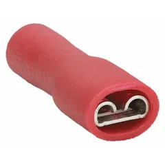 Female socket type quick disconnect with full vinyl insulation. Accepts 22 AWG to 16 AWG wire. Used for making secure, insulated connections in control panels, appliances, and automotive wiring.
