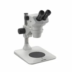 This binocular stereo microscope offers a 0.8X to 5X zoom range with a 22 mm optical field of view and a 114 mm working distance. It features a standard head and a 10 in x 10 in base, suitable for inspection, assembly, and quality control tasks in industrial and laboratory environments.