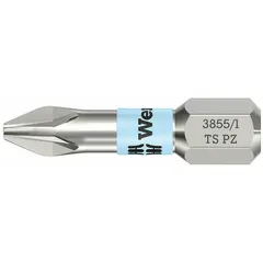 Pozidriv insert bit for power driving applications. Features a PZ1 tip size, hex shank, and 1-inch overall length. Constructed from stainless steel for corrosion resistance. Not impact rated.