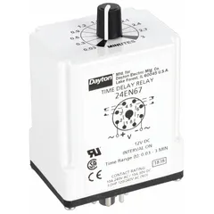 Socket-mounted time delay relay with 8 pins/terminals, operating at 12V DC and rated for 10 A. Configured as a single-function interval relay for timing control in industrial automation applications such as conveyor systems, packaging machinery, and HVAC controls.
