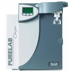 Benchtop water purification system producing Type I water with 18.2 Megohm resistivity. Operates on 100-240V AC, accepts RO feed water via 1/4" NPT connection, and removes particles at 2 lpm flow rate. Used for sensitive laboratory applications requiring high-purity water.