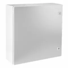 Steel enclosure with solid hinged cover and 1/4-turn latch closure. Rated NEMA 1/12/3R/4 for indoor/outdoor use where protection from rain, sleet, hose-directed water, and dust is required. Dimensions 23 x 23 x 8 inches. No knockouts included.