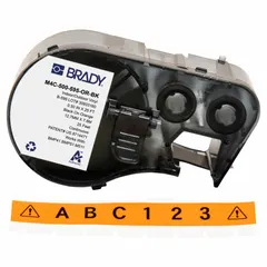 Continuous label roll cartridge combining label and ribbon for simplified loading. Vinyl material with black-on-orange printing, 1/2 in width by 25 ft length. Compatible with M410 printer series. Used for industrial identification and labeling in facilities and electrical panels.