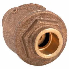 This inline disc check valve features a bronze body and is designed for 3/8 inch pipe size. It prevents backflow in plumbing systems where lead-free materials are required. Suitable for use in potable water and other non-corrosive fluid applications.